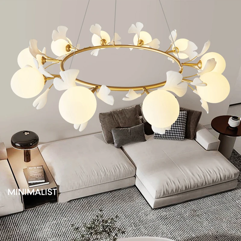 Gingko Orb Chandelier Nordic Ceramic Ginkgo Leaf LED Pendant Light for Dining Room Bedroom Living Room Indoor Lamp Fixture