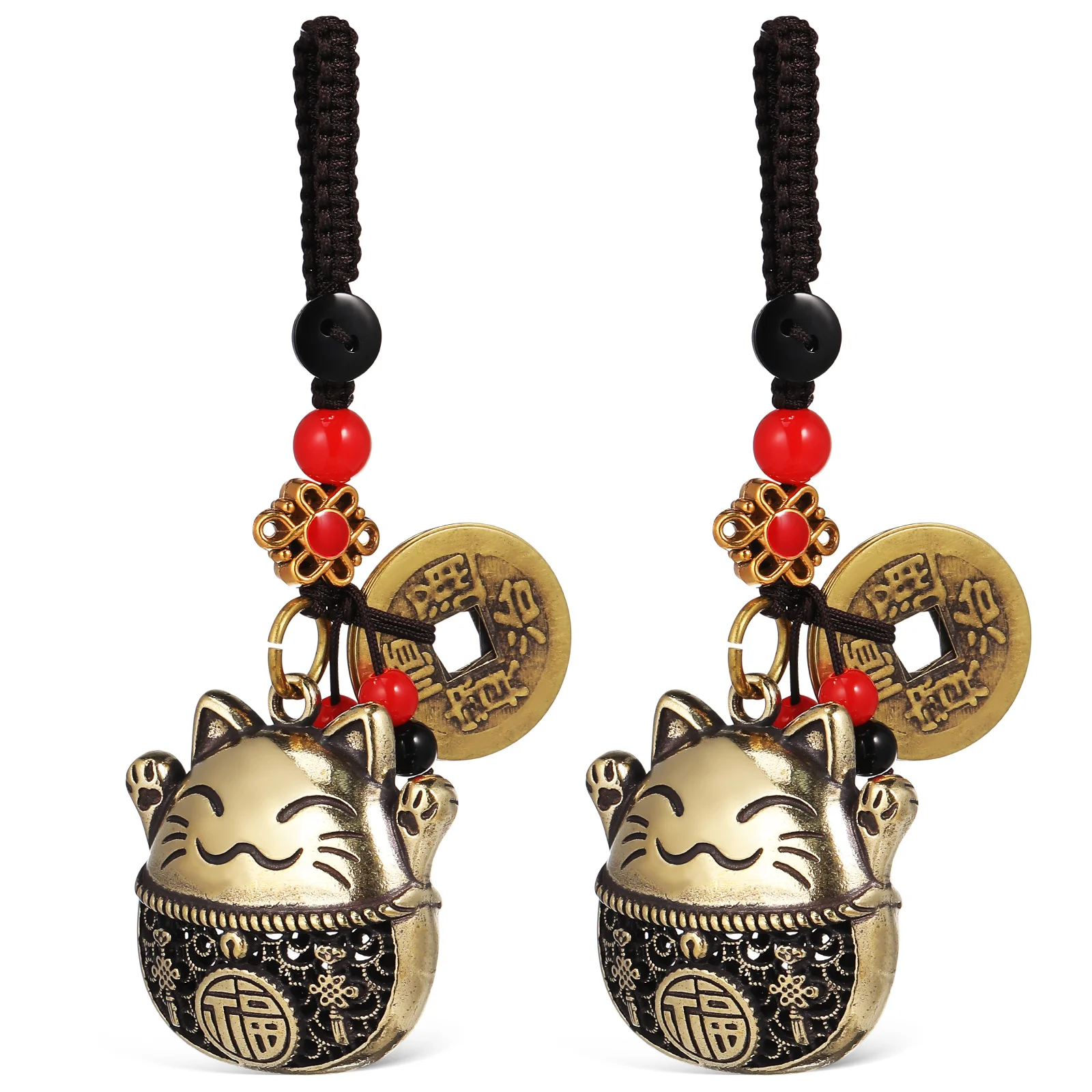 

2 Pcs Keychain Pendant Brass Cat Charm Fortune Pendants Ornaments Handbag Ring Cute Rear View Mirror Accessories Miss