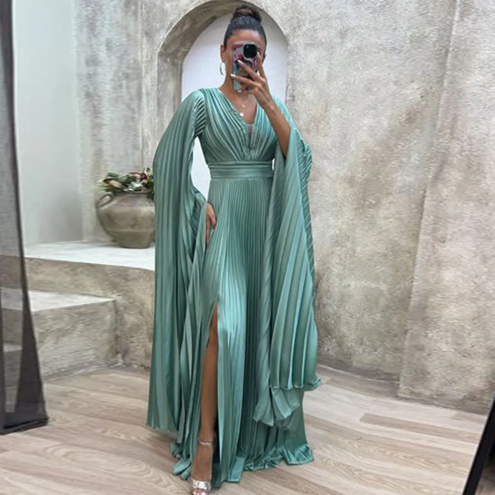 

Fashion A-Line Pleated Prom Dresses Satin V-neck Poet Long Sleeve Side Split Zipper Sweep Train Exquisite Dubai Evening Dress