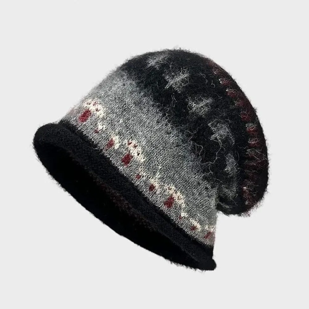 Retro Fair Isle Style Jacquard Knitted Hat Thickened Oversized Pullover Hat Windproof Winter Warm Beanies Hat For Women