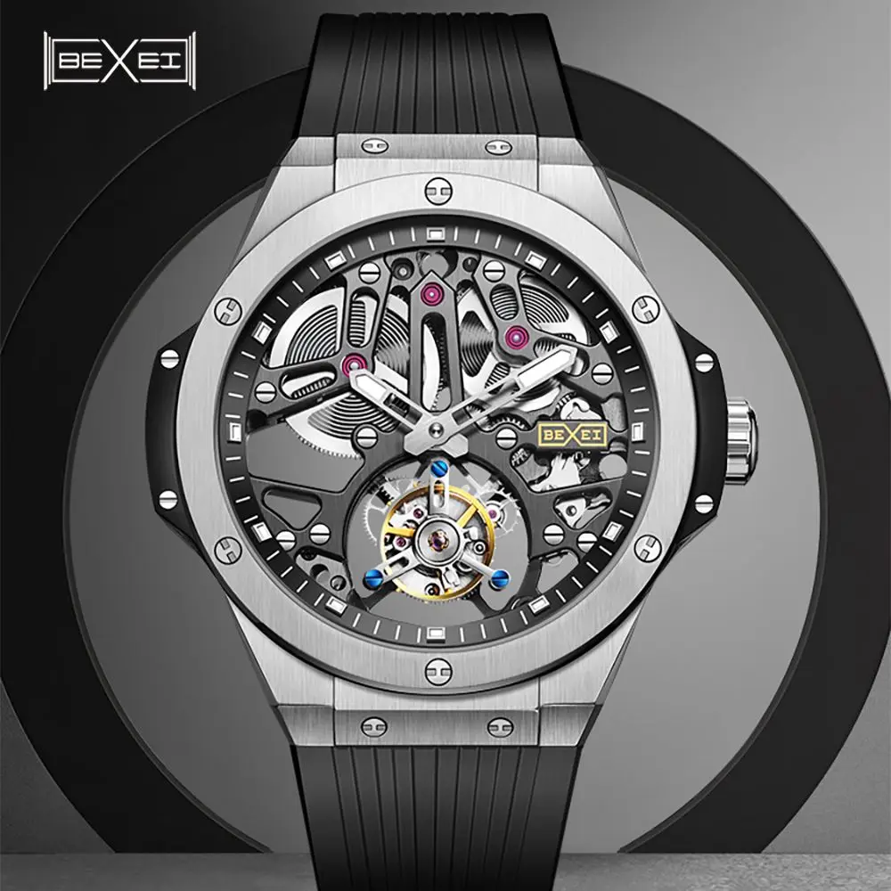 

BEXEI 2025 Manual tourbillon skeleton synthetic sapphire mechanical movement wrist watch for men Luxury waterproof Reserve