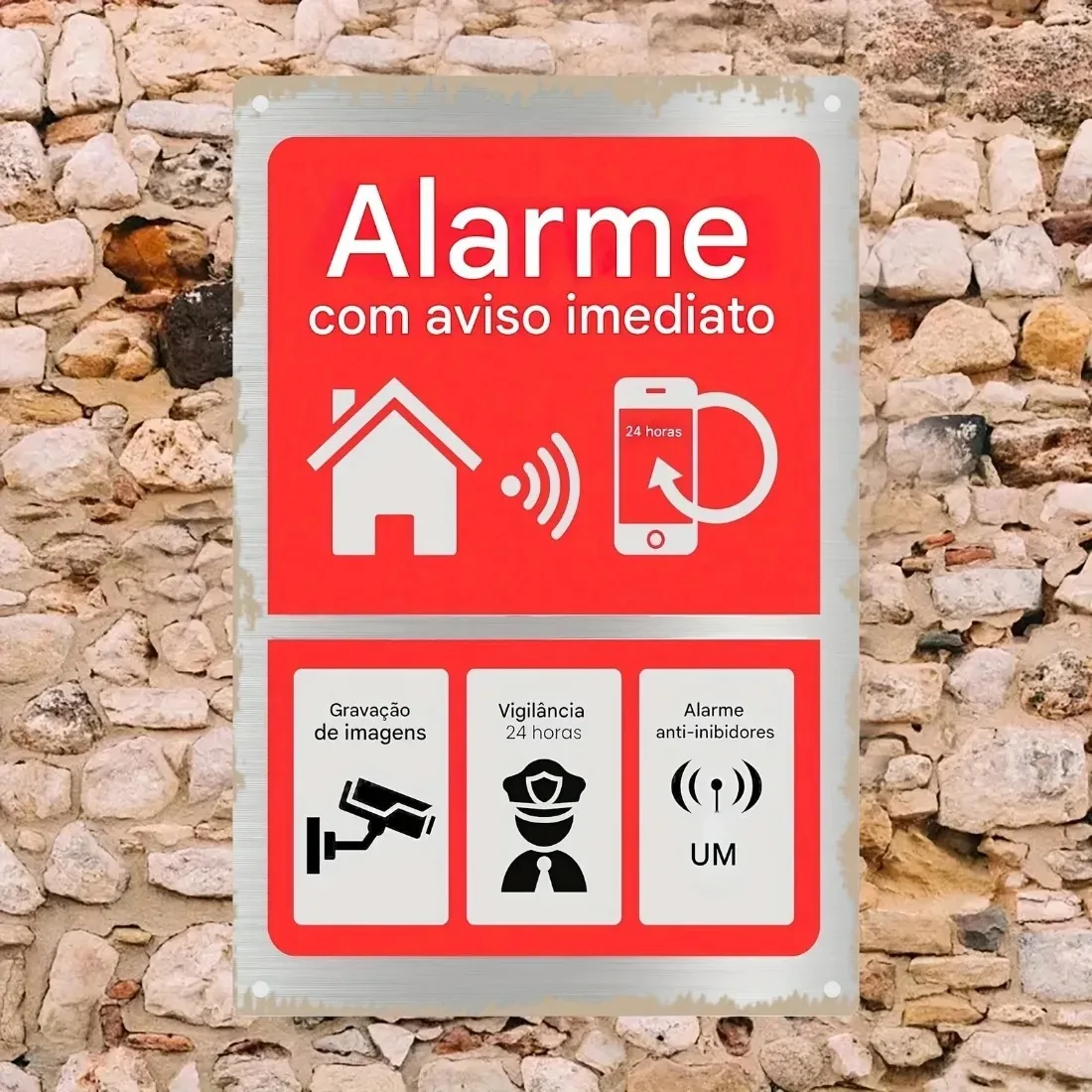 Vintage 2D Flaches Metallschild „Alarme De Segurança“ – Rustikale Diebstahlschutz-Wanddekoration für Haus, Terrasse, Veranda und Sicherheit