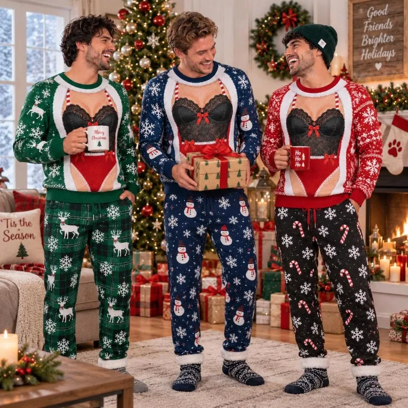 Christmas Family Pajamas Clothes Adults Kids Funny Fake Top Print Sweatshirt+Sleep Pant Set Xmas Family Gathering Party Outfit