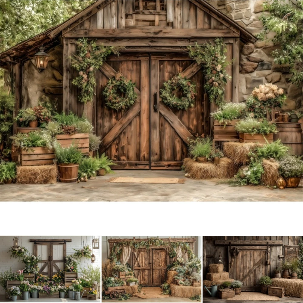 

Vintage Wooden Plank Barn Flower Backsrop Photo Decor Haystack Wreath Western Kids Birthday Portrait PhotographyBackground Props