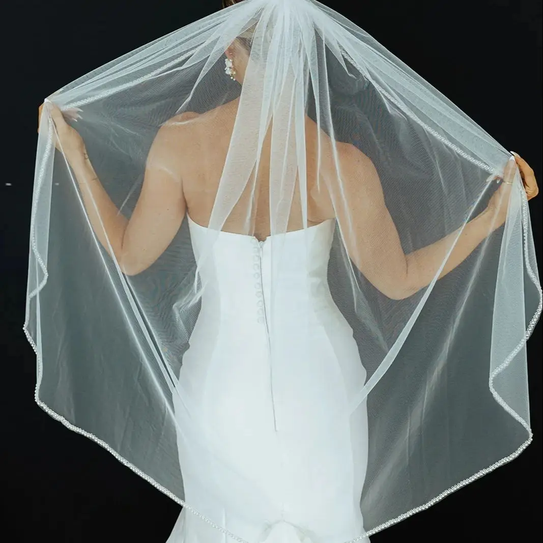 VACHWedding-Voile avec tulle rêveur pour patients, bord perlé de THERnating, perles blanches et perles argentées, accessoires de mariage