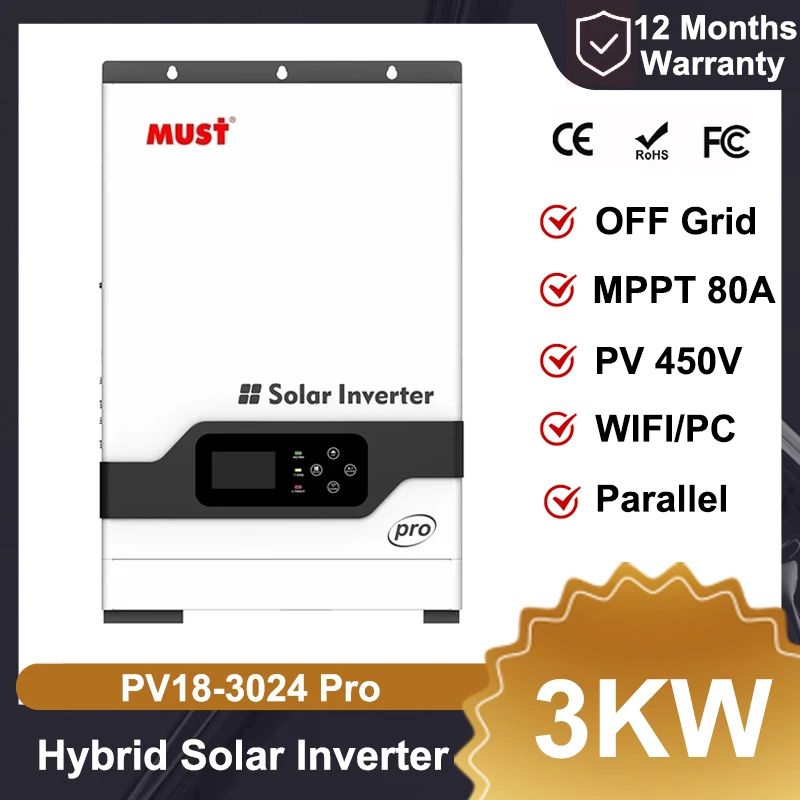 Muss ph1800 pro 3kw 24v reine Sinus welle Home Hybrid Solar Wechsel richter pv 450v mppt 80a ohne Batterie arbeiten auf netz unabhängigem Solars ystem