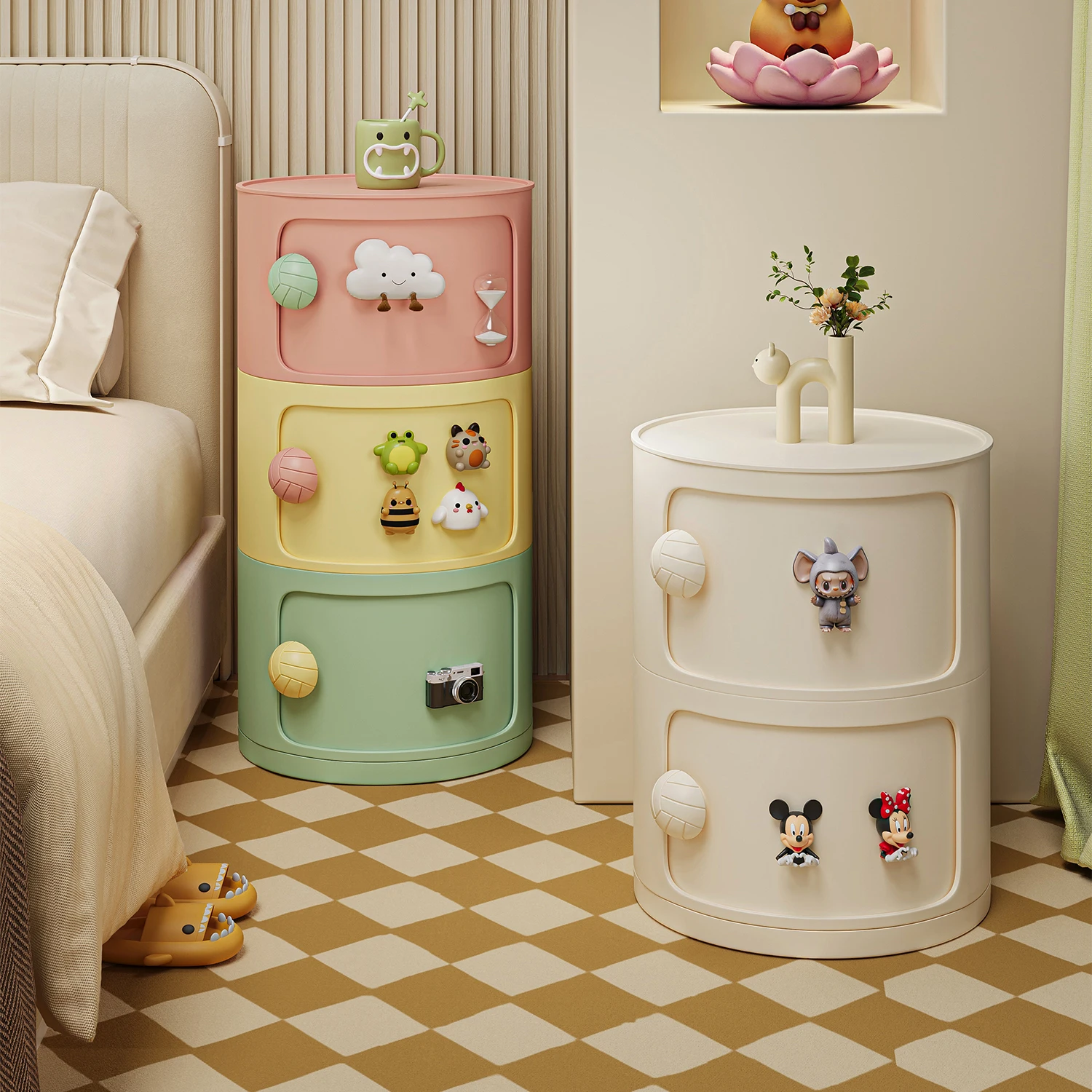 

PP Creamy Bedside Storage Cabinet Small Space Ins Style Kids Toy Organizer Dopamine Round Barrel