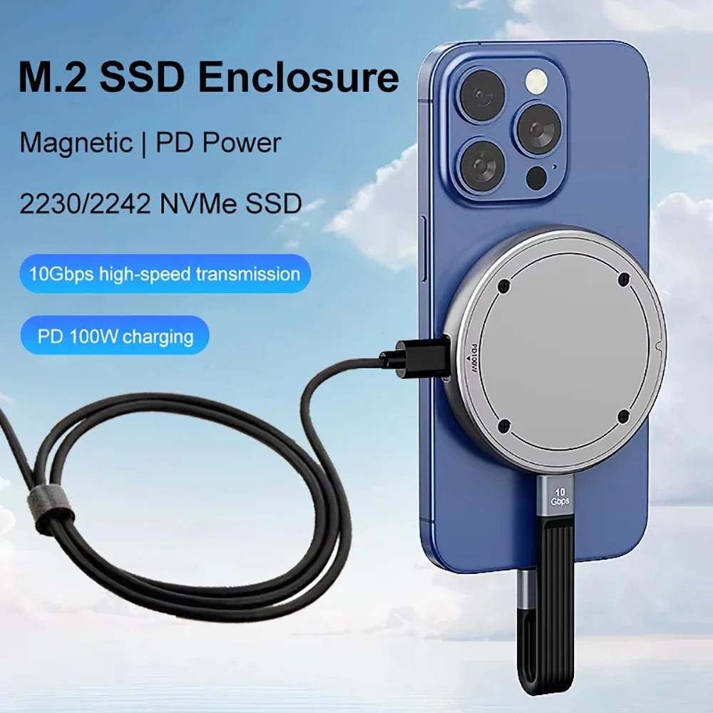 Magnetic M.2 2230 2242 NVMe SSD Enclosure 10Gbps Hard Drive Box USB C 3.2 Gen2 to NVMe PCI-E PD 100W Charge for iPhone15 Pro Max