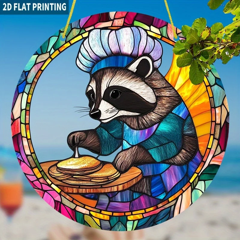 Acrylic Painting Stained Glass Style Chef Raccoon with Pancakes and Colorful Mosaic Border Plastic Window Hanging Suncatcher, 2D