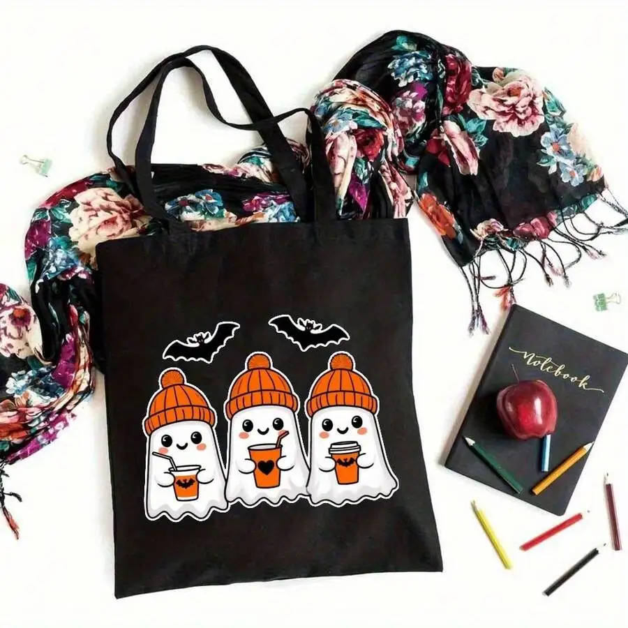

Halloween Ghosts In Beanies And Bats Print Large Capacity Tote Bag For Daily Use Shopping