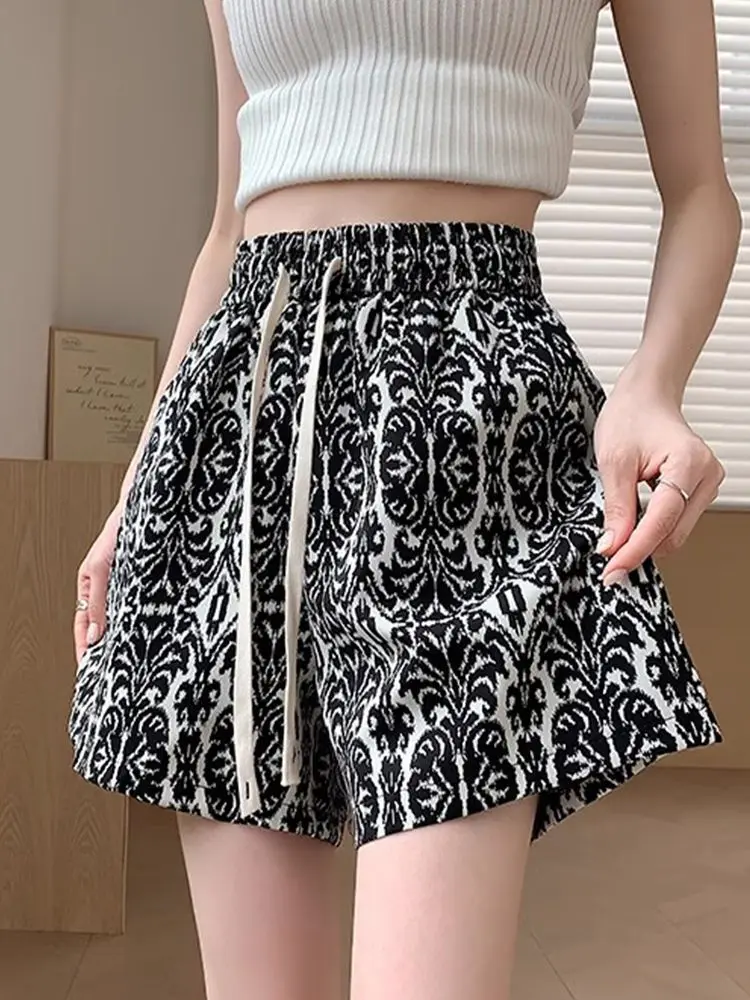 Chinesischen Stil Drucken Breite Bein Shorts für Frauen Dünne Sommer Lose Sport Freizeit 3/4 Hot Pants