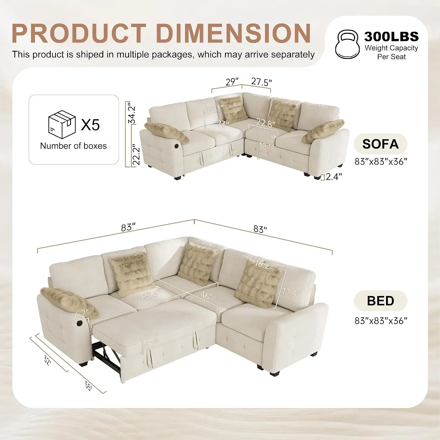 Chenille Pull Out Sleeper Sofa with Storage & USB Charging, L Shaped Modular Sectional for Living Room Apartment, Customized