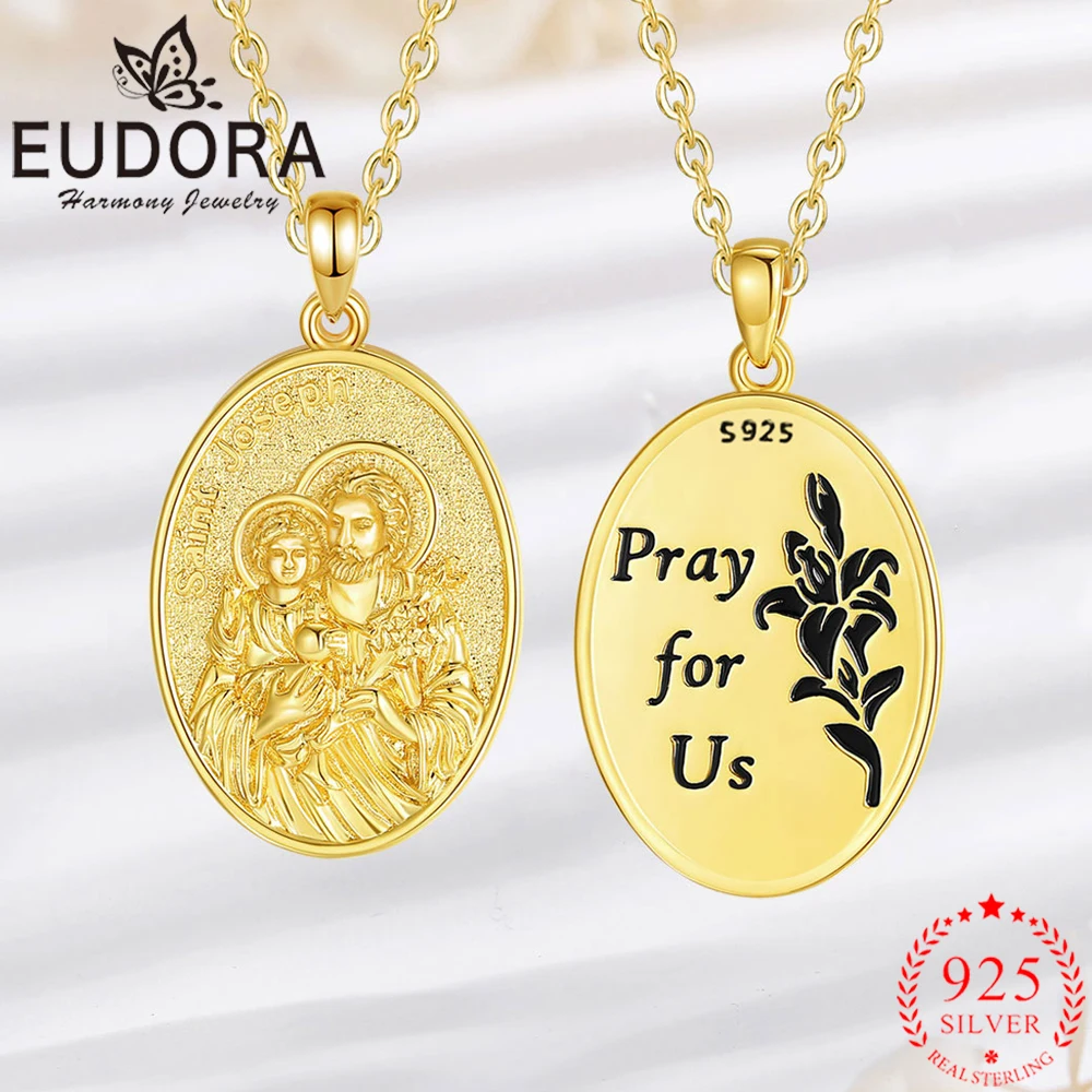 

Eudora Saint Joseph Necklace 925 Sterling Silver Plated 18k Gold pray for us Medal Pendant Religious Jewelry Gift for Men Women
