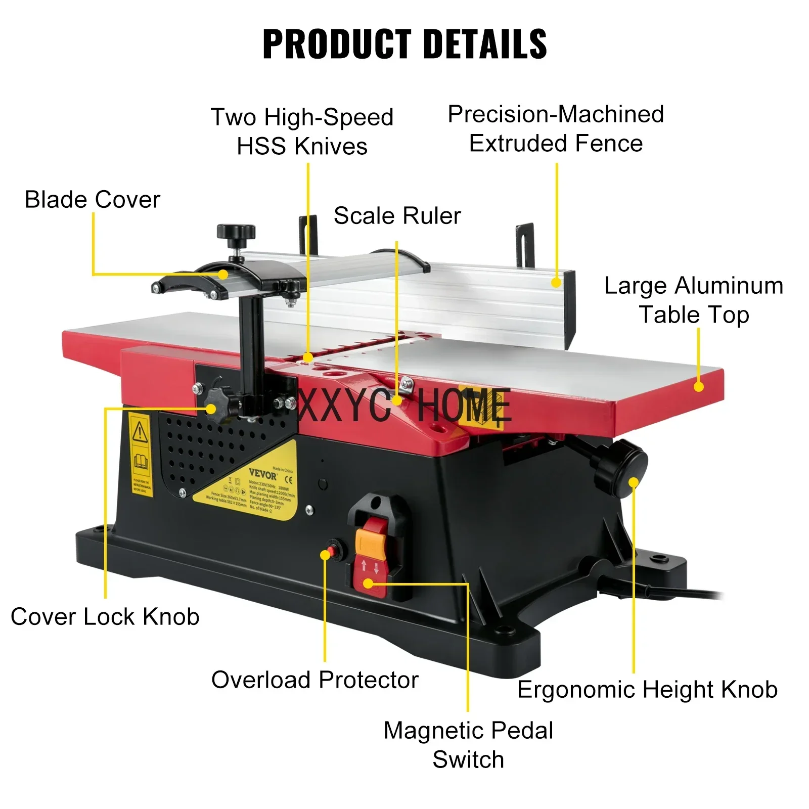TAO Benchtop Jointer 6in 1650W Electric Wood Planner 12000rpm  8amp Copper Motor HSS Precise Blade with 2 Push Blocks