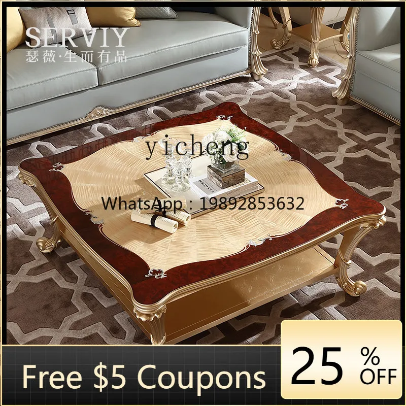 French Style Solid Wood Marble Color Shell Inlay with Drawer Square Long Coffee Table European Style Carved Storage Side Table
