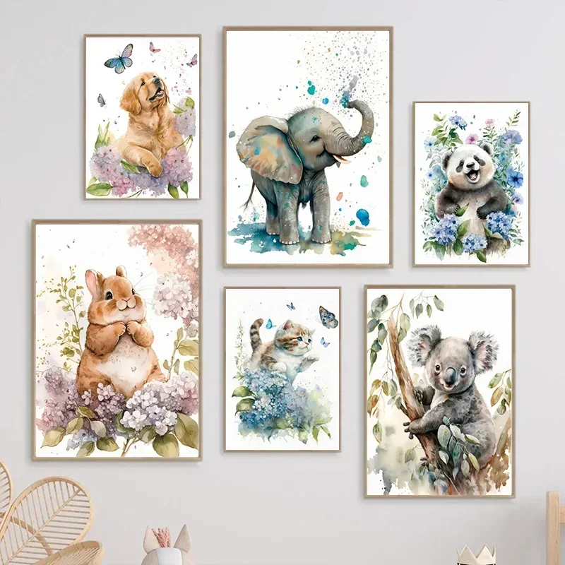 Elephant Panda Tiger Koala Cat Cartoon Animal Watercolor Posters Nursery Canvas Painting Wall Art Print Pictures Baby Room Decor