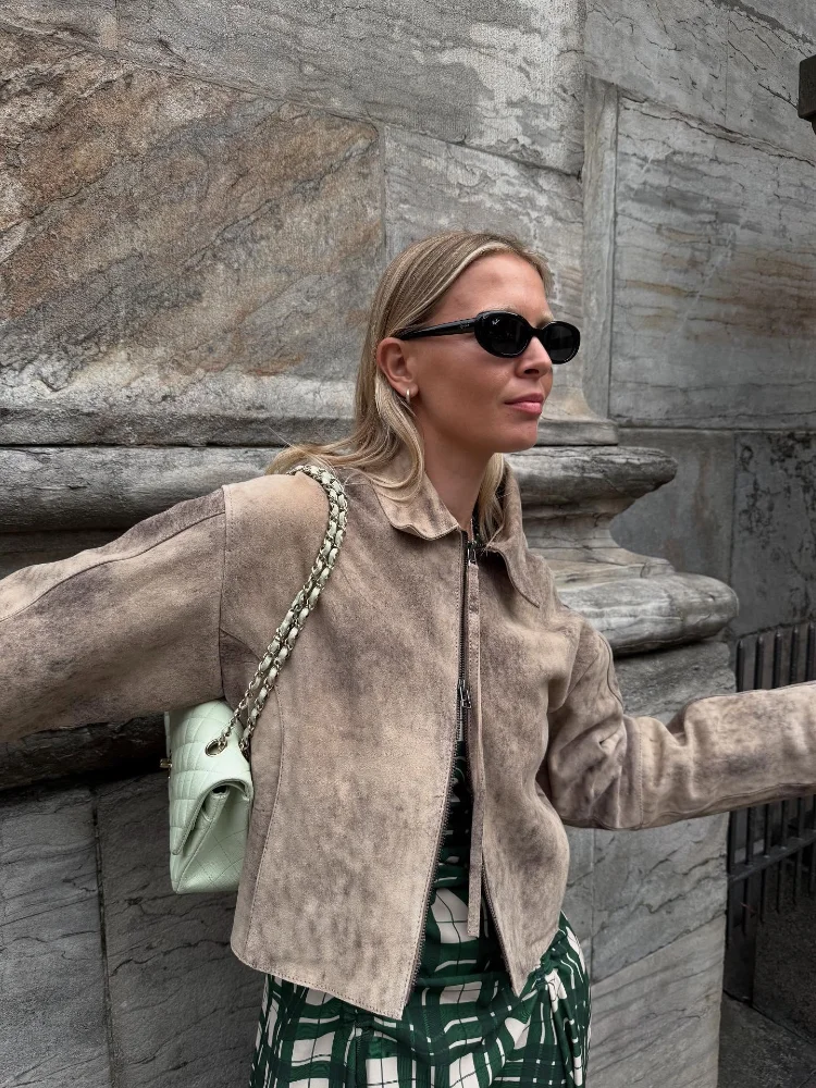 

Chic Lapel Zipper Leather Jacket Woman Loose Long Sleeves Colorful Street Coat Casual Fashion Women's New Autumn Winter Jackets