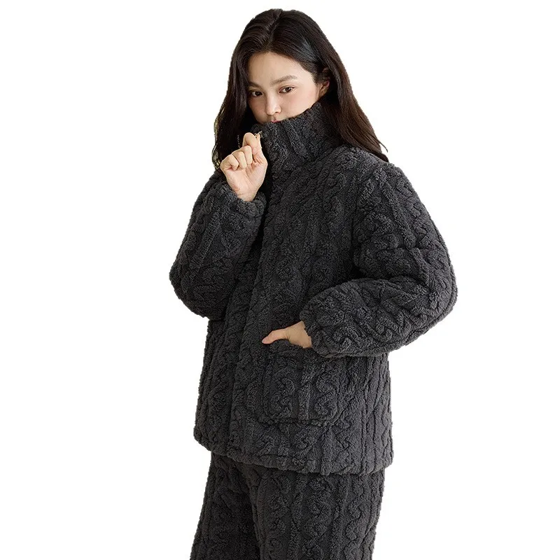 Women's Pajamas Winter Fleece Thickened Three-layer Padded Zipper Ultra-thick Warm Coral Fleece Can Be Worn Outside Loungewear