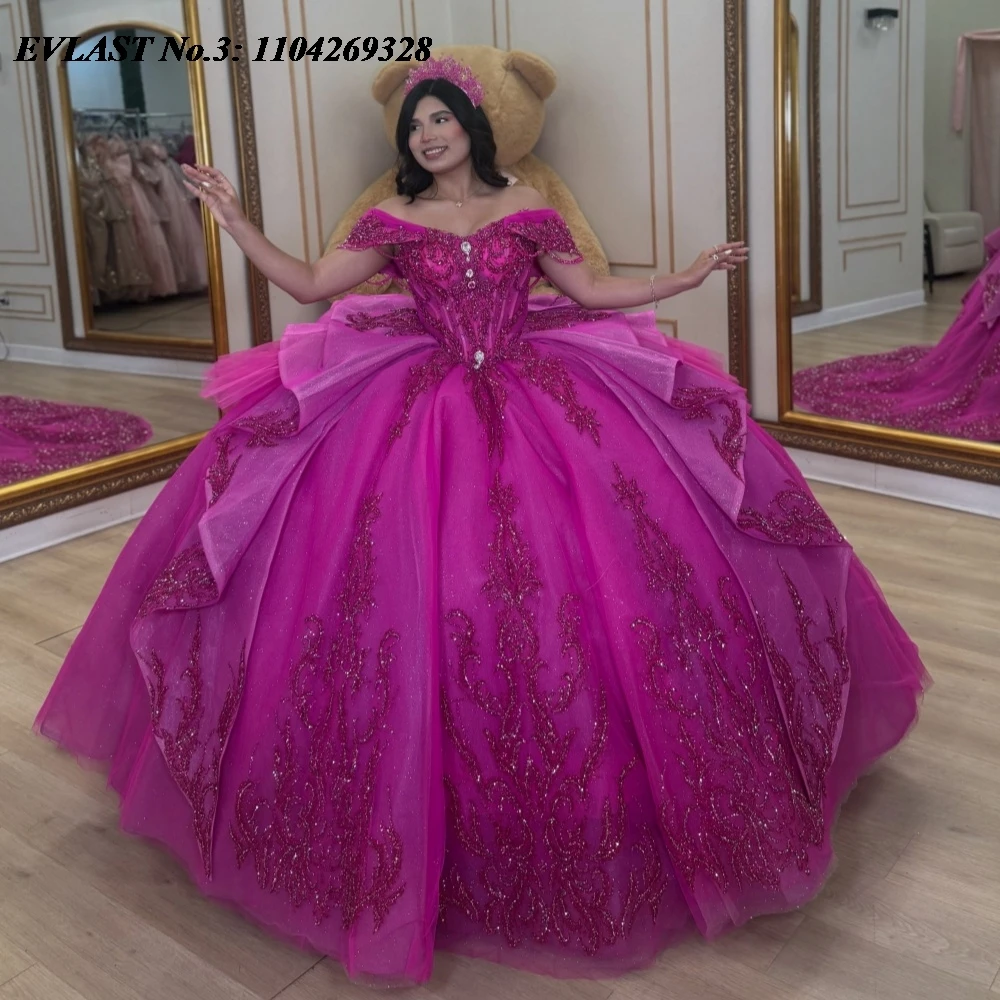 EVLAST Customized Sparkly Fuchsia Ball Gown Quinceanera Dress Lace Applique Beading Mexican Corset Party Sweet 16 Dress E3A17