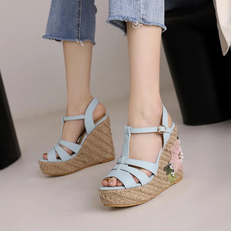 

Comfort Shoes for Women Handmade Sandal Suit Female Beige Clogs Wedge High Heels 2024 Summer Leather Rope Pearl Low Black Platfo