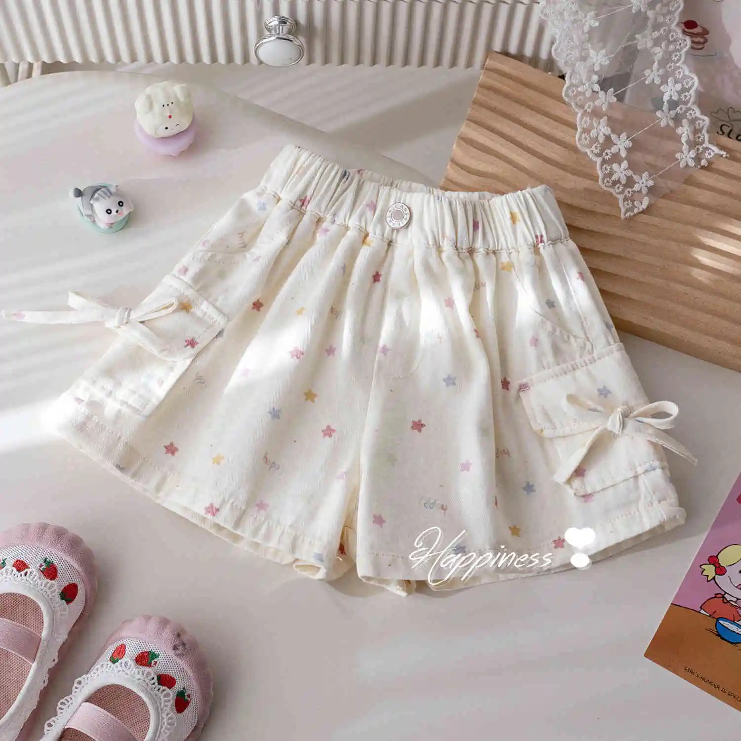 Girls' Summer Casual Shorts Korean Cartoon Star Printed Bow Cargon Pants Kids Baby Summer New Versatile Dance Hotpants