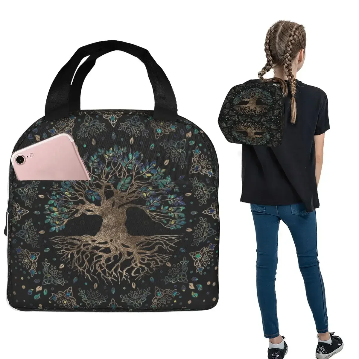 Tree Of Life -Yggdrasil Golden And Marble Ornament Insulated Lunch Bag for Women Children Portable Food Boxes Thermal Lunch Box