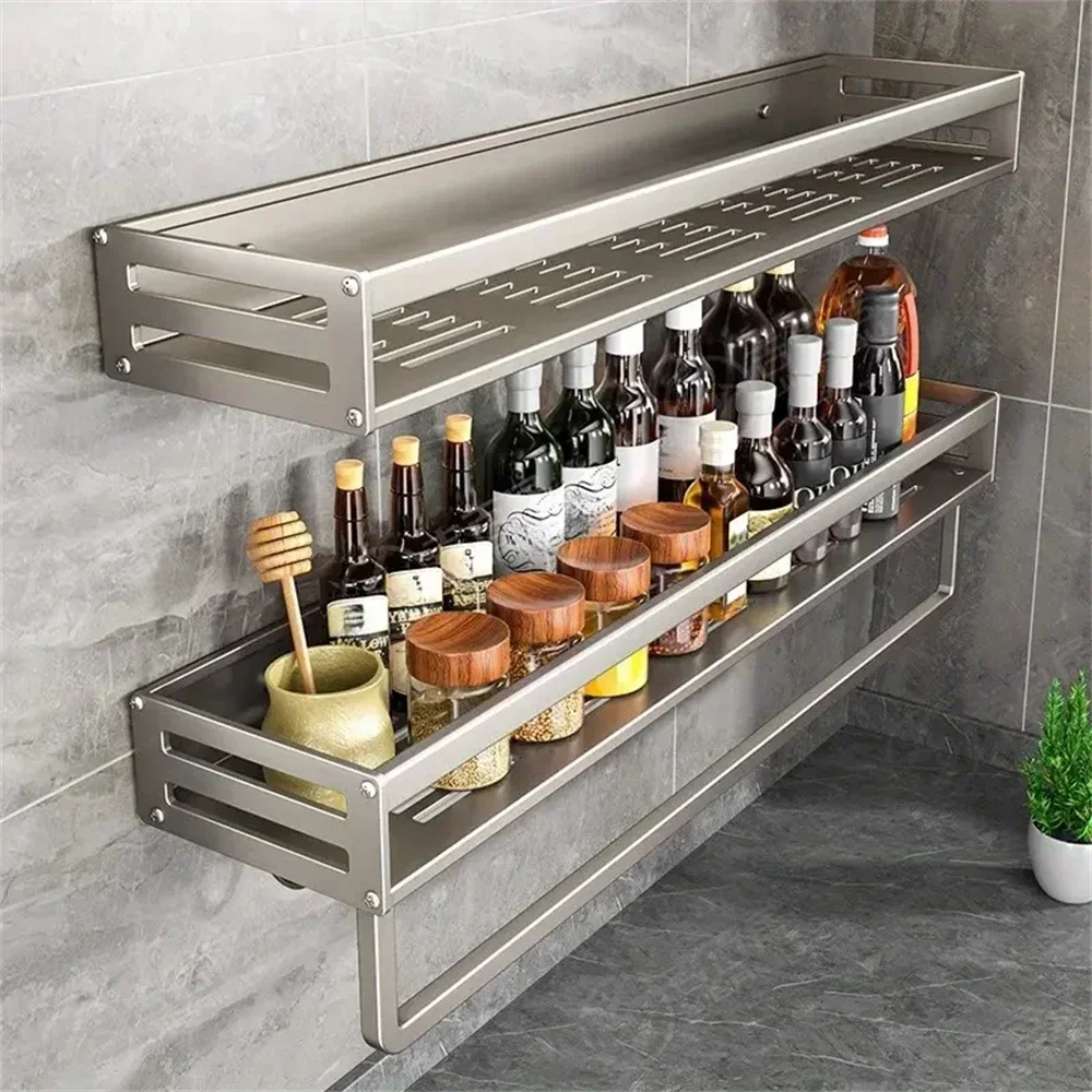 

Aluminum Wall-Mounted Spice Rack Multifunctional Item Shelf Kitchen Tools Hooks Kitchen Condiment Storage Rack