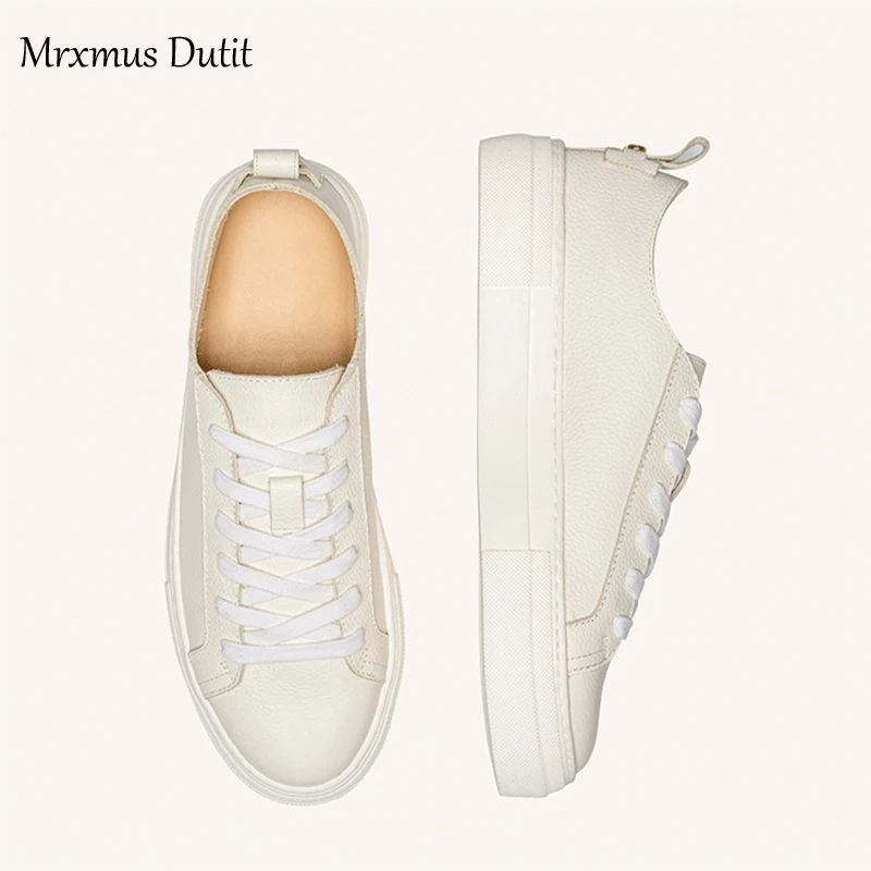 Mrxmus Dutit New 2022 Shoes For Women Fashion Genuine Leather Lacing Flat Shoes Female Solid Simple All-match Casual Sneaker