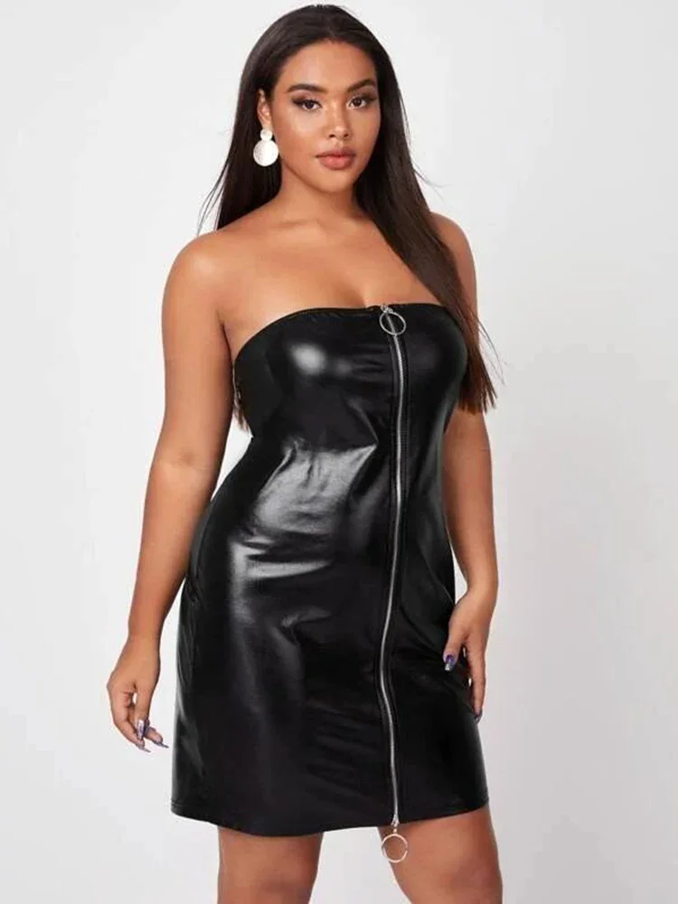 Vestido Midi de couro fosco sem alças para mulheres, vestidos sexy sem costas, sem mangas, roupas de tamanho grande, personalizado, 6XL, 7XL, verão,