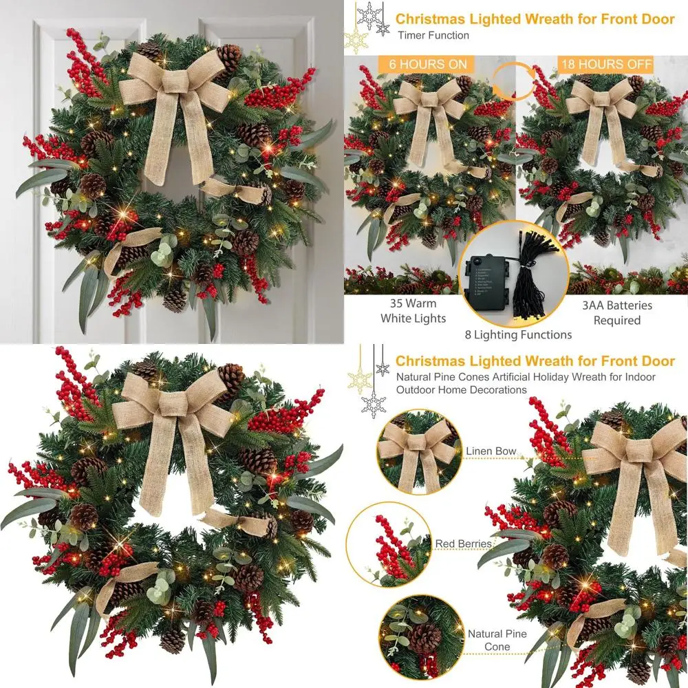 

Battery-Powered 35 LED Christmas Wreath with Red Berries, Natural Cones, and Linen Bow for Holiday Front Door Decor