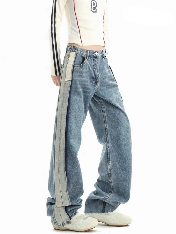Calças Jeans Americanas de Corte Reto com Blocos de Cores e Efeito Lavado, Estilo Casual para Homens e Mulheres, Nova Chegada...