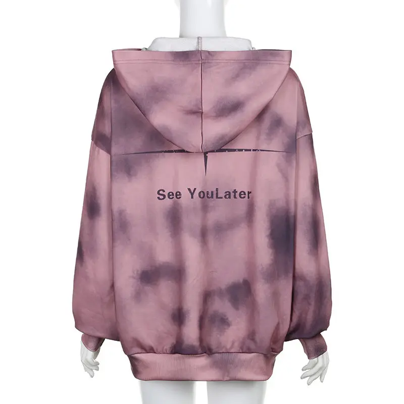 Hoodies Loose Hooded Zipper Long Sleeve Sweatshirts Coats Casual Streetwear Tie Dye Printed Women 2023 Autumn Winter