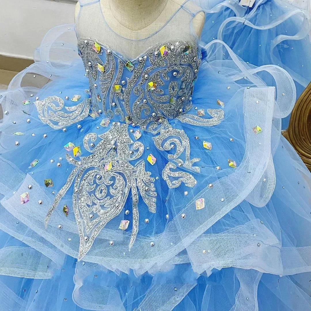 

Customized Flower Girl Dress Blue Tulle Crystals Lace Pleated A-Line Sleeveless Dresses Girls Gorgeous Birthday Party Ball Gowns