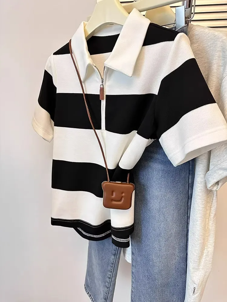 Striped Knitted Short Sleeve Collar T-shirt Women's Color Contrasting Short Sleeve Top Korean Version Loose Versatile Tee