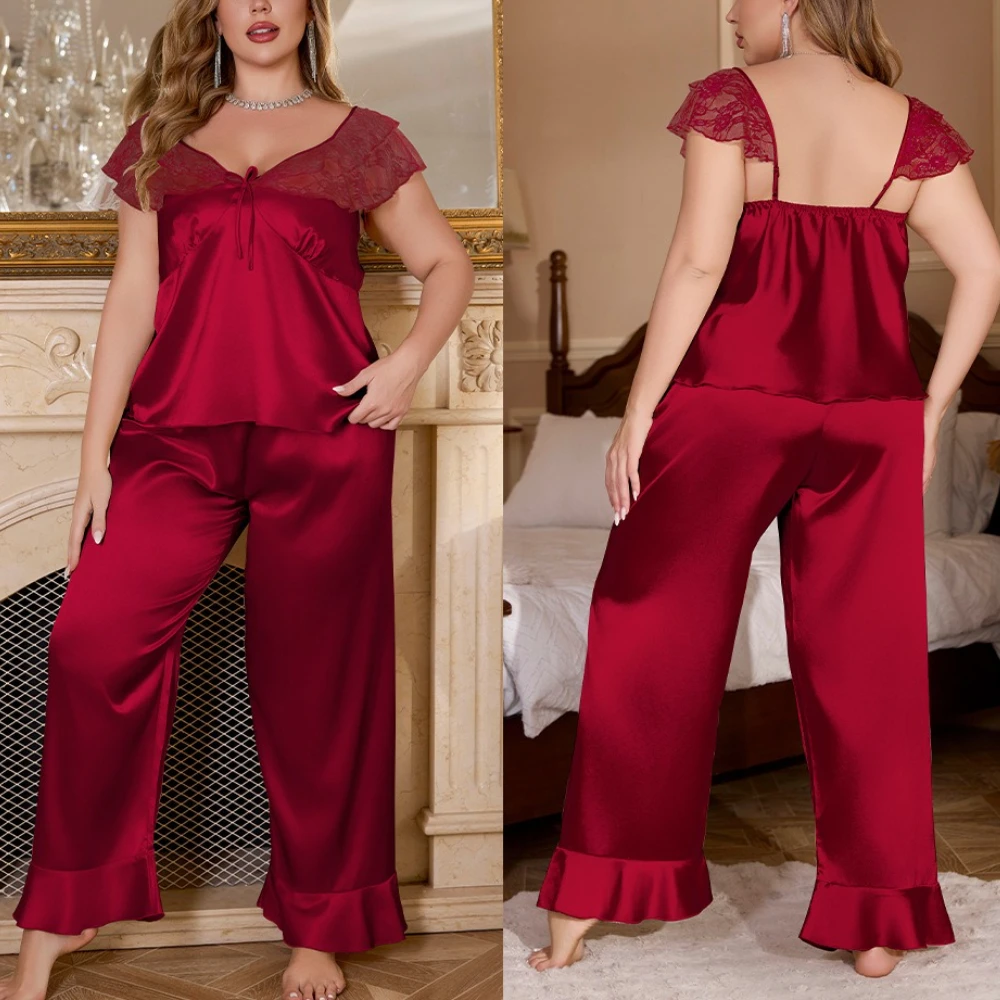 Krismile Ice Silk Plus Size Pajama Sets Women 2025 Summer New Sexy Backless V Neck Flying Sleeve Top Ruffles Loose Trousers