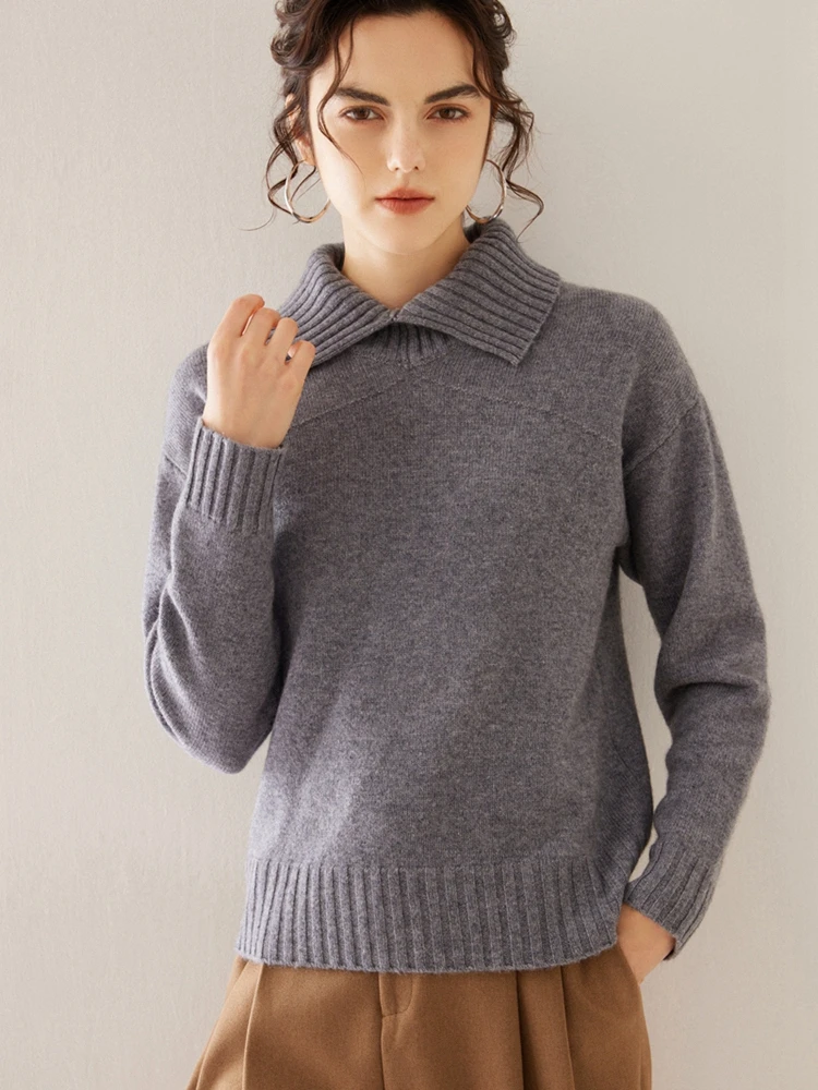 ADDONEE Women Cashmere Sweater Turn Down Collar Pullover Autumn Winter 100% Cashmere Knitwear Soft Warm Jacquard Sweater Tops