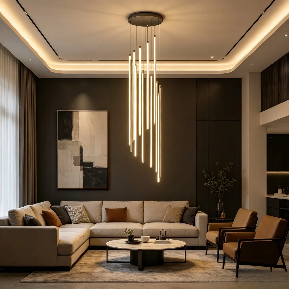 Nordic Stairs Straight Remote Control Led Dimmable Pendant Lights Modern Luxury Black Led Suspend Lights Led Luminarias Fixtures