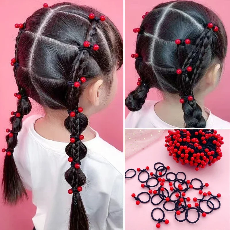 10PC/Set Children\'s Elastic Rubber Hair Bands for Girls Red Beans Ponytail Holders Hair Rope Ties Hair Accessories Wholesale