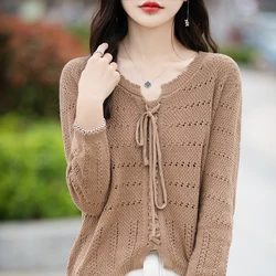 Women Spring Autumn 100% Cotton Sweater Lace Collar Hollow Out Pullover With Rope Sweater Slim Knitted Warm Bottoming Tops