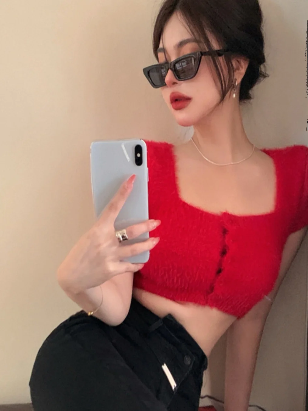 

Slim Fit ort Sve Knitted Cardigan Women's Summer Thin Pure Desire Sle Square Collar ow Slim ort Top Base irt