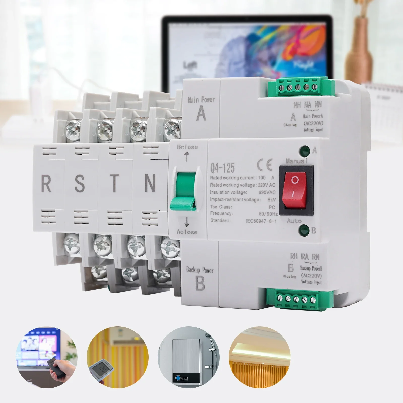 4P 100A Transfer Switch 4 Pole Insulation Voltage Power Switch 50/60Hz Frequency Changeover Switch for Home/Industrial Use
