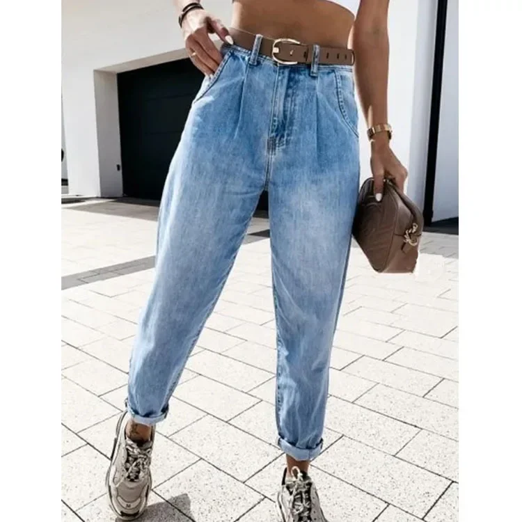 Bleached Distressed Jeans Washed Denim Straight Pants Women Ankle Length Jean Loose Solid High Waist Pockets Basics 2025