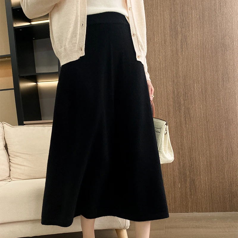 LONGMING Black Skirts for Women\'s Winter Dress Clothing 100% Merino Wool Autumn Knitted A-Line Dresses Streetwear Korean Fashion