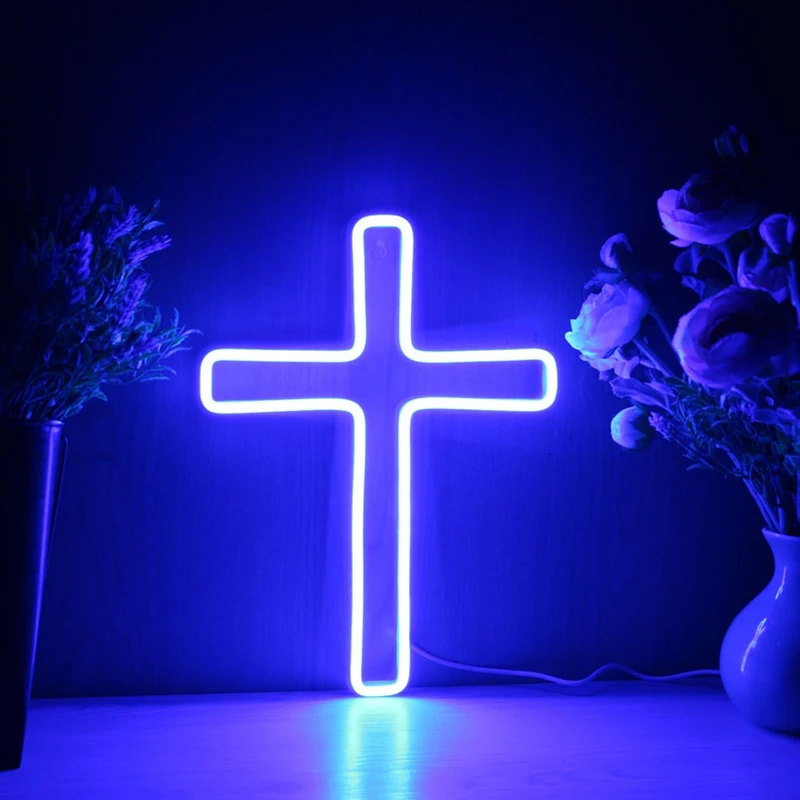 30*22.4cm Led Cross Neon Sign Light for Bedroom Hanging Decor USB Powered Backboard Transparent Night Light Sign Ornament Custom