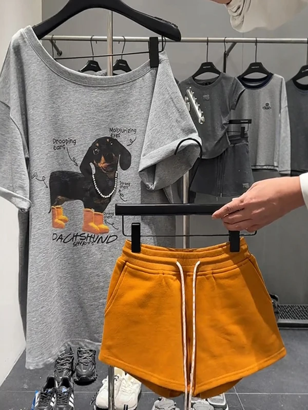 

Fashionable Gray Print T-Shirt And Short Pants Set Women's Unique Style Summer Outfit Two-Piece Suit Korean High Waist Shorts