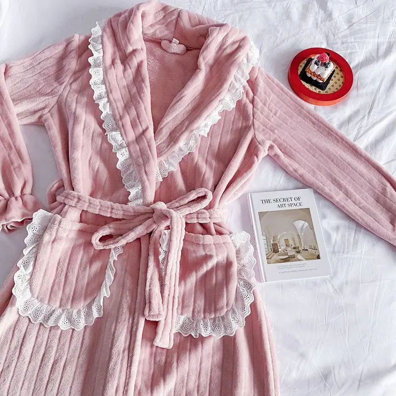 Lace Robe for Women Belt Sleepwear Nightdress Winter Night Wears Pajama Solid Nightgown Long Sleeve Warm Fleece Homewear