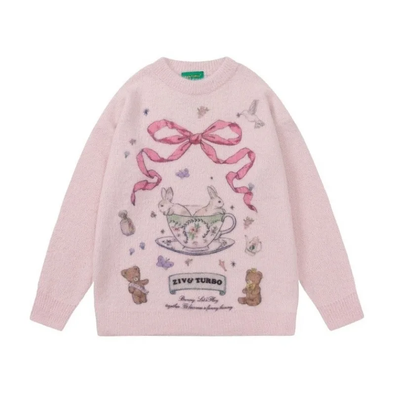 Japanese Cute Cartoon Rabbit Sweater Female Casual Vintage Pullovers Autumn Winter Korean Sweet Loose Women Pink Sweaters