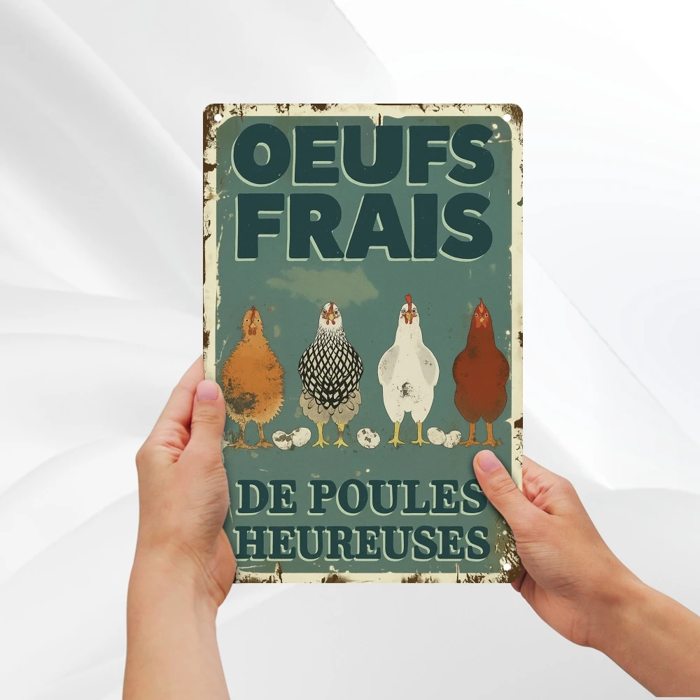 Vintage French Farmhouse Chicken Metal Sign Rustic Teal Green & Brown Vintage Farm Decor "Oeufs Frais" (Fresh Eggs) - Easy Hang view 3