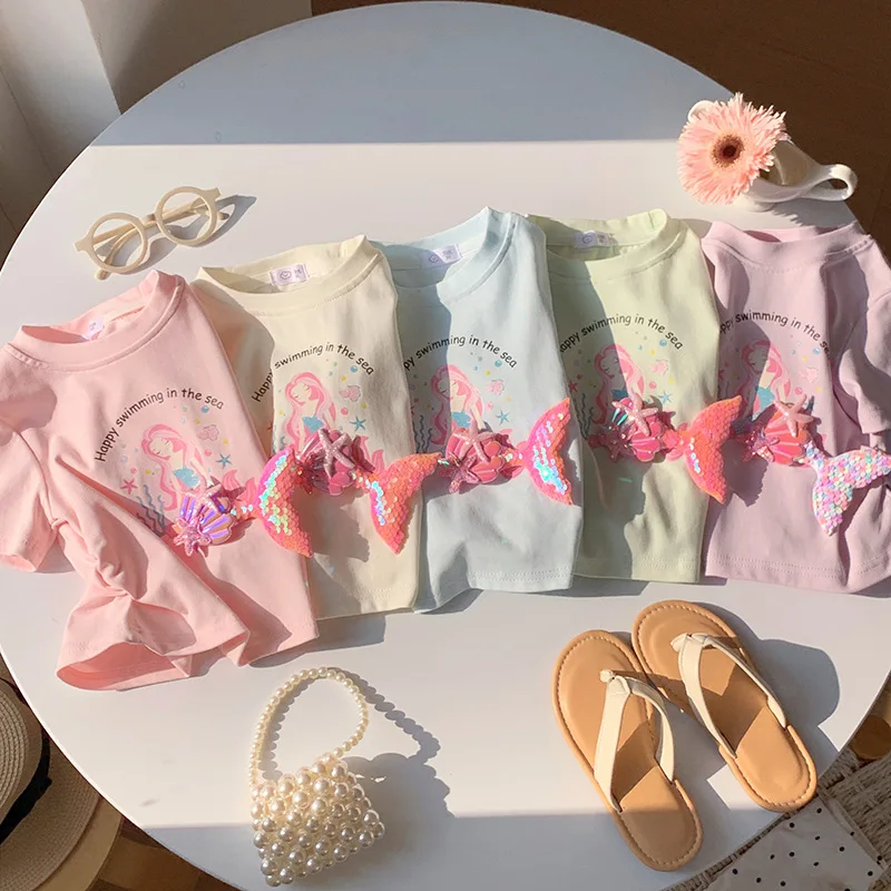 2-10T Mermaid Print Girls T Shirt Summer Tee Top Toddler Kid Baby Girl Clothes Short Sleeve Cute Sweet Tshirt Infant Outfit