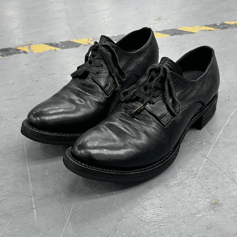 Designer Horseskin Pointed Toe Lace Up Handmade Men's Shoes Thick Soled Genuine Leather Washed Craftsman Leather Shoes Male